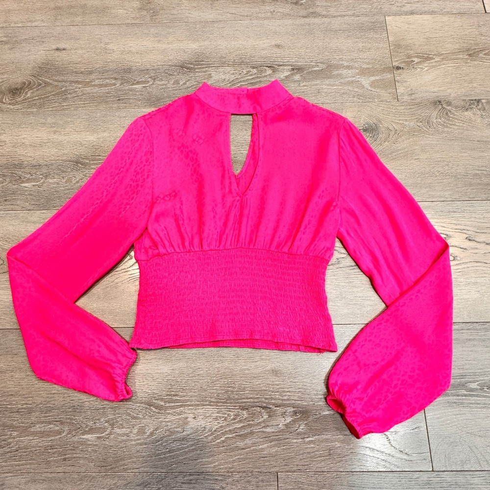 Steve Madden Olivia Crop Hot‎ Pink Leopard Smocked Mock Neck Keyhole Top Xsmall